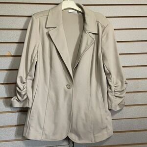 Susan Graver Blazer Jacket 3/4 Sleeves Beige Large Shoulder Pads Pockets